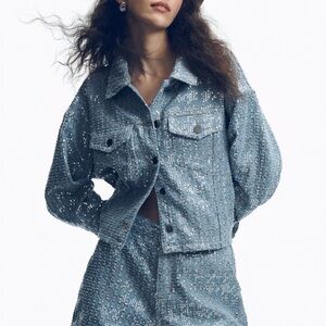 NWT! Flat White Sequin Houndstooth Light Blue Denim Jacket sold at Anthropologie